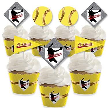 Imagem de Big Dot of Happiness Grand Slam - Fastpitch Softball - Decoração de cupcake - kit de cupcake de festa de aniversário ou chá de bebê - Conjunto de 24