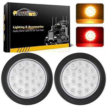 Imagem de Partsam Kit de luzes traseiras redondas vermelhas para luzes estroboscópicas em âmbar com 2 peças, 19 diodos com argolas de borracha e tranças de fio de 3 pontas, luzes traseiras e luzes indicadoras de reboque de caminhão de LED redondas vermelhas/âmbar