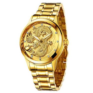 Imagem de Relógio de pulso masculino Udaney de quartzo dragão com pulseira de aço inoxidável para pai e marido, A.Gold face