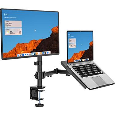 Imagem de WALI Suporte de mesa para monitor LCD único totalmente ajustável com bandeja extra para laptop para 1 notebook de até 17 polegadas e 1 tela de até 68.6 cm, capacidade de peso de 10 kg (M001LP), preto