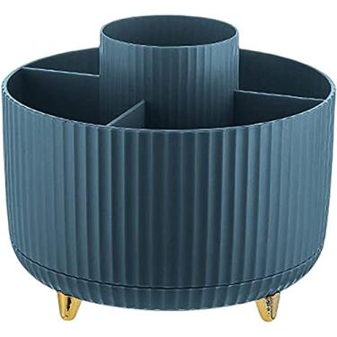 Imagem de Caixa de armazenamento de pincéis de maquiagem rotativos, desktop, cosméticos, portátil, suporte para delineador, caneta para cuidados com a pele, organizador, suporte duplo giratório (Azul escuro)