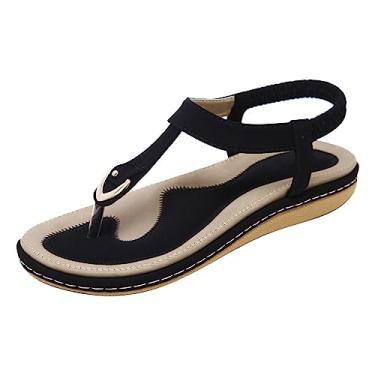 Imagem de Sandálias rasteiras de tira no tornozelo para mulheres casuais verão praia linda tanga chinelos sandálias anabela para mulheres sexy, Preto, 6
