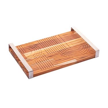 Imagem de Bandeja de Madeira com Alça em Aço Inox Teca 37cm X 23cm X 5cm - Woodart
