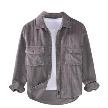 Imagem de WOLONG Camisa masculina de manga comprida japonesa retrô casual solta algodão sólido veludo cotelê camisa masculina, Cinza, GG
