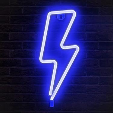 Imagem de Lumoonosity Placas de neon Lightning Bolt, luz LED de raio com interruptor liga/desliga, placa de neon azul Lightning para decoração de parede, placas de LED penduradas, luzes neon para quarto, configuração de sala de jogos