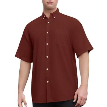 Imagem de Sedyrak Camisa de manga curta masculina de linho de algodão com ajuste regular casual com botão e bolso frontal, Marrom escuro 377, GG