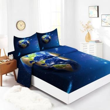 Imagem de Bhoyctn Jogo de lençol Queen Size Universo Terra azul marinho ultramacio, 100% microfibra - 40,6 cm, bolso profundo, respirável, confortável, conjunto de lençóis - 4 peças