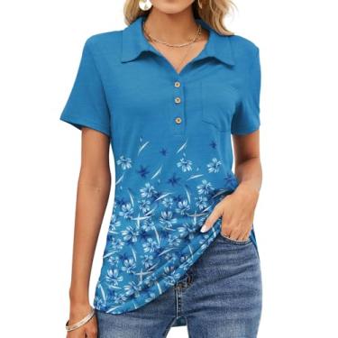 Imagem de TFSDOD Camiseta polo feminina manga curta gola V casual gola botão botão para escritório trabalho tops com bolso, Floral, cinza, azul, XXG