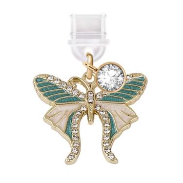 Imagem de ELISE & FONDA TP367 Tipo-C porta de carregamento USB plugue antipoeira pequeno pingente de celular borboleta de cristal para iPhone 15 e Samsung/OnePlus/Xiaomi/oppo telefones Android (verde),