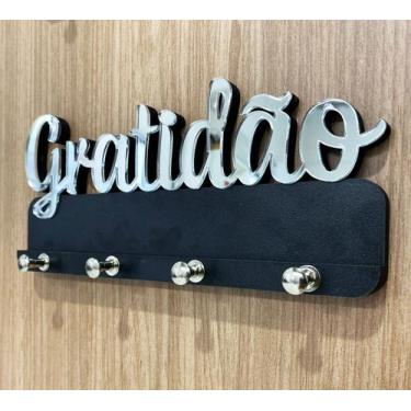 Imagem de Porta Chaves Chaveiro Gratidão Em Mdf E Acrílico Espelhado - Preto E P