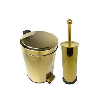 Imagem de Kit Lavabo Inox Dourado Lixeira 20L e Escova Sanitaria France Fineza