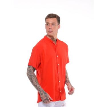 Imagem de Camisa Social Gola Padre Masculina Manga Curta Lisa - Volgue, Vermelho