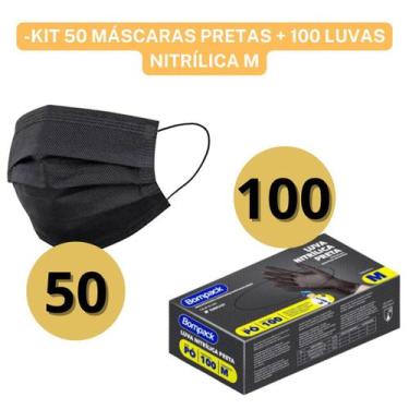 Imagem de Kit 50 Máscaras Tripla Proteção Antibactéria + 100 Luvas Pretas Nitríl