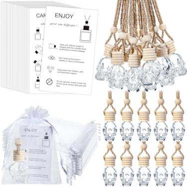 Imagem de Boao 25 conjuntos de frascos difusores de purificador de ar para carro com 2 x 9 cm cartão de instruções difusor de carro 10 x 15 cm saco de organza vazio recarregável óleo essencial perfume pingente