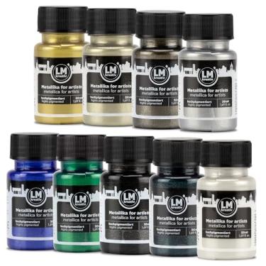 Imagem de LM-Kreativ Tinta acrílica metálica 9 x 50 ml - Conjunto Luxe - Tintas acrílicas metálicas premium para artistas, 50 ml - Perfeita para projetos de tela, madeira, cerâmica e bricolage