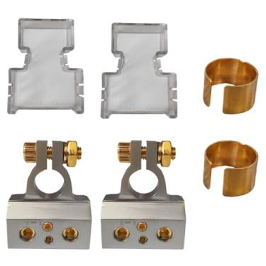 Imagem de 2 conectores de terminal de bateria, 2/4/8/10 calibres de cabo de bateria terminam conectores com calços e capas protetoras, terminal de bateria de carro negativo positivo para modificação de áudio do