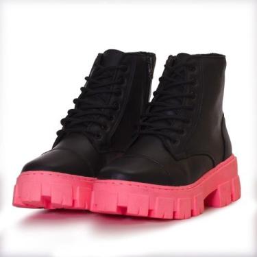 Imagem de Bota Coturno Feminina Tratorada Couro Sola Colorida Cano Medio Cadarço