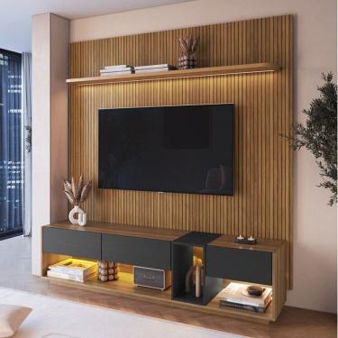 Imagem de Rack com Painel até 75 Polegadas Liverpool Ra8001 com Led e Impressão Ripada 3d Pinho/ Mel/ Grafite