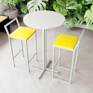 Imagem de Conjunto Mesa Alta Bar Bistrô Redonda Branca 2 Banquetas Confort Estofado Industrial White (Amarelo)