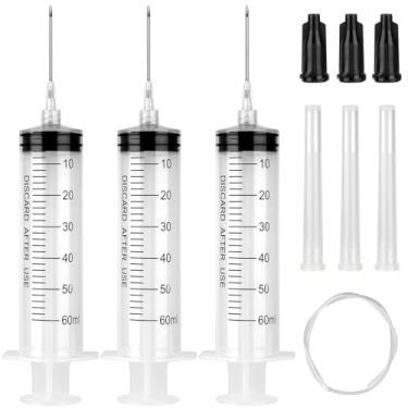 Imagem de A AKRAF Pacote Com 3 Seringas De 60 Ml Com Tubo De 55,1” E Agulha 16G 1,5”, Seringas Luer Lock Grandes Com Tampa Para Injetor De Sucção De Fluido, Extração De Óleo, Fluido, Água, Laboratório
