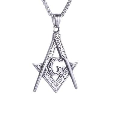 Imagem de Colar com pingente de símbolo maçônico masculino e feminino, aço inoxidável 316L, corrente quadrada de pérola de aço inoxidável prata, joia vintage, Standard, Aço inoxidável, Sem Pedra Preciosa