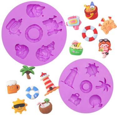 Imagem de Moldes de silicone com tema de praia, designs de verão, farol, palmeira, formas de anel de vida, moldes de fondant para decoração de bolos, enfeite de cupcake, fondant, pasta de goma de açúcar, resina