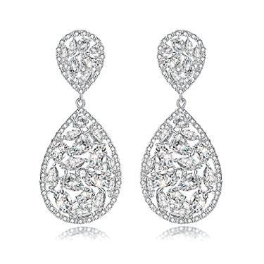 Imagem de Roslynd Brincos de pressão para mulheres/noivas, presentes para o dia das mães, brincos de zircônia cúbica em gota e brincos de zircônia cúbica banhados a ouro branco 14k para mulheres-11N, Large
