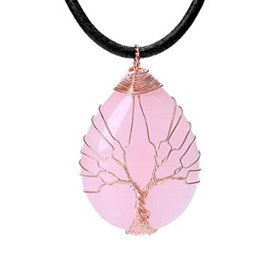 Imagem de POTESSA Colar de Cura de Cristal de Quartzo Rosa, Pingente de Pedra Preciosa Natural, Corda de Couro, Joias de Quartzo Reiki para Homens E Mulheres