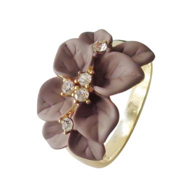 Imagem de Navachi Anel de flor de folhas de esmalte de cristal transparente banhado a ouro 18 k, 5, Zinco Zinco Esmalte, Cristal