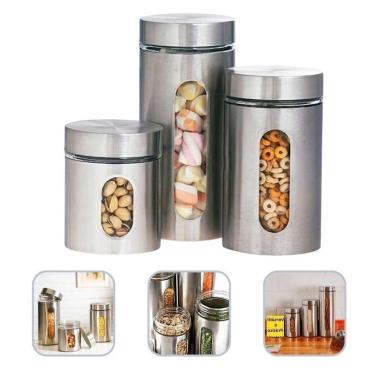 Imagem de Jogo 3 Potes Com Tampa Vidro E Aço Inoxidável Para Alimentos
