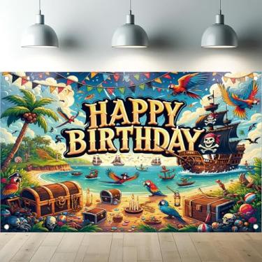 Imagem de Starlit Patio Banner de feliz aniversário pirata, decoração de festa da ilha do tesouro, baú de navio, papagaio, praia, cena de parede, adereços para pendurar na parede 180 x 109 cm