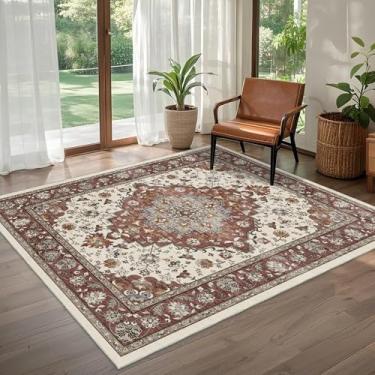 Imagem de Brevonox Tapete de área para sala de estar - Tapete vintage lavável à máquina para quarto e sala de jantar - Tapete macio de pelo baixo antiderrapante, tapetes florais para escritório (tijolo/marfim