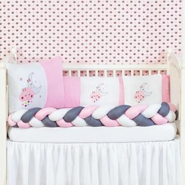 Imagem de Kit Berço Trança Nuvem Lua 6 Peças Com Enchimento Rosa - Brucebaby Bor