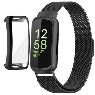 Imagem de QIEMUTER Compatível com pulseiras Fitbit Inspire 3 com capa, fecho magnético de alça trançada de metal, malha de aço inoxidável, capa amortecedora de TPU macio para homens e mulheres (preto)
