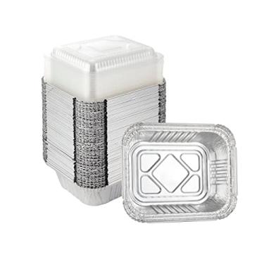 Imagem de Waytiffer 14 cm x 11,4 cm (5,5" x 4,5") - Bandejas descartáveis para viagem com tampas transparentes | Capacidade de 450 g Recipientes de gotejamento de alimentos de folha de alumínio / preparação de refeições congelador de preparação de refeições para churrasco potluck feriados