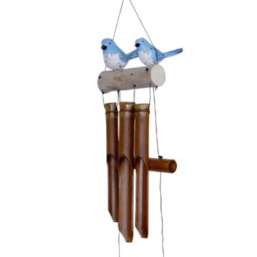 Imagem de Cohasset Gifts 175EBF Cohasset Sino de Vento de Bambu Família Pássaros Azul Oriental Pintado à Mão Azul e Branco Desgastado