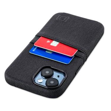 Imagem de Dockem Capa de cartão para iPhone 15 com placa de metal integrada para montagem magnética e 2 bolsos para porta-cartões: carteira M2 luxuosa, couro sintético estilo lona (iPhone 15, preto)