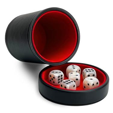 Imagem de Luck Lab Black Leather Dice Cup with Lid Including 6 Matching Pearl Dice - Red Velvet Interior for Quiet Shaking - Use for Liars Dice Farkle Yahtzee Board Games, Black