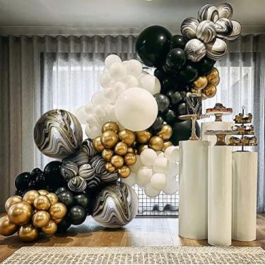 Imagem de Kit de arco guirlanda de balão preto e dourado - 115 balões de látex ouro cromado branco e preto balões metálicos de folha de mármore 50/10/5/polegadas para aniversário formatura casamento bebê e chá de noiva aposentadoria despedida de solteira aniversário véspera de ano novo decoração de fundo de f