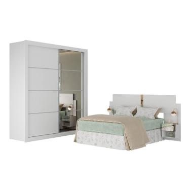 Imagem de Guarda Rroupas Casal E Cabeceira Com 2 Mesas De Cabeceira E Espelhos Multimóveis MP4328 Branco