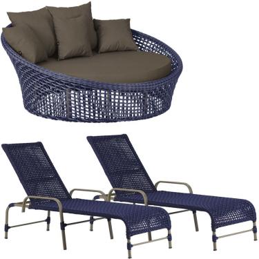 Imagem de Kit Chaise Hungria E Espreguiçadeiras Catar Trama Original Azul
