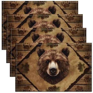 Imagem de Jogo americano com cabeça de urso marrom, 30,5 x 45,7 cm, conjunto de 4 tapetes de cozinha com estampa de animais selvagens 3D em aquarela para crianças adolescentes e adultos com listras de madeira