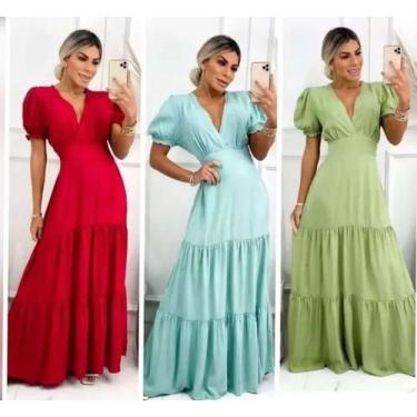 Imagem de vestido longo decote V manga curta bufante saia dois babados - Filó Mo