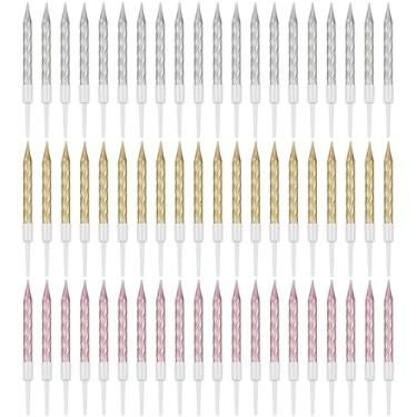 Imagem de 60 peças Velas de aniversário douradas Velas de bolo em espiral Velas metálicas de cupcake de bolo Velas curtas finas de aniversário com suportes para decorações de bolo de festa de casamento de aniversário (ouro, prata, ouro rosa)