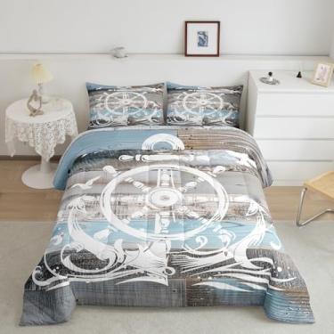 Imagem de Erosebridal Conjunto De Edredom Âncora Náutica, Cama Ocean Compass Tamanho Completo Para Crianças, Meninos, Adolescentes, Quarto Adulto, Acolchoado Rústico Com Porta Celeiro E 2 Fronhas