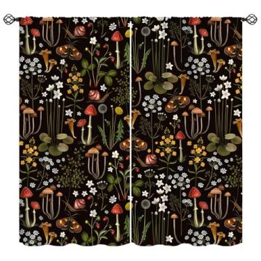 Imagem de Cortinas blackout retrô de cogumelo, flores da floresta de fadas, tratamentos de janela de fundo preto, cogumelo botânico vintage, cortinas de isolamento térmico com bolso para varão para decoração de