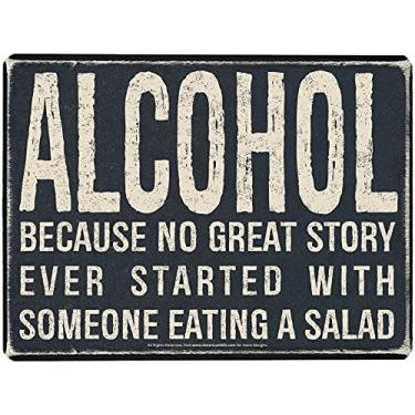 Imagem de AMERICAN WIT Placa De Parede Metal (40,6 Cm X 30,2 Cm) (Álcool - Porque Nenhuma Grande História Começa Com Alguém Comendo Salada) Pôster Grande. Visual Vintage. Resistente Às Intempéries. Fabricado