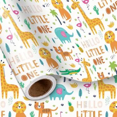 Imagem de LeZakaa Rolo de papel de embrulho de animais selvagens para crianças, Hello Little One, design de safári amarelo claro com elefante girafa flamingo leão embrulho para presente de aniversário, chá de