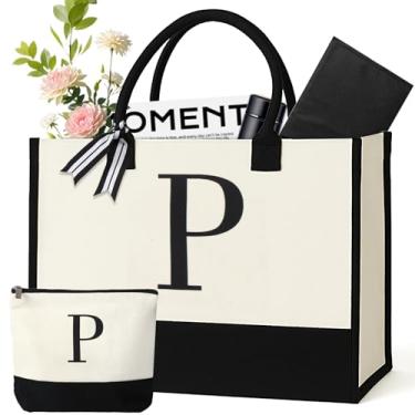 Imagem de GENGBIN Sacola de lona personalizada, presente monograma com zíper para mulheres, Branco, One Size