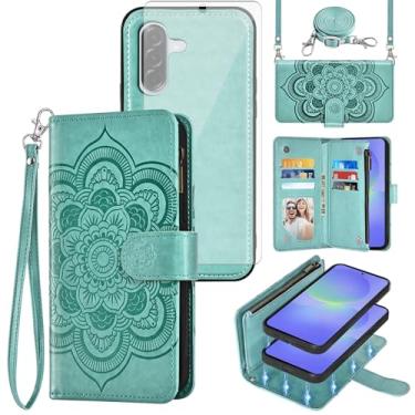 Imagem de Capa de celular para Samsung Galaxy A56 5G carteira com zíper destacável com protetor de tela de vidro temperado alça transversal cordão mandala flor flip porta-cartão A 56 56A LTE mulheres meninas